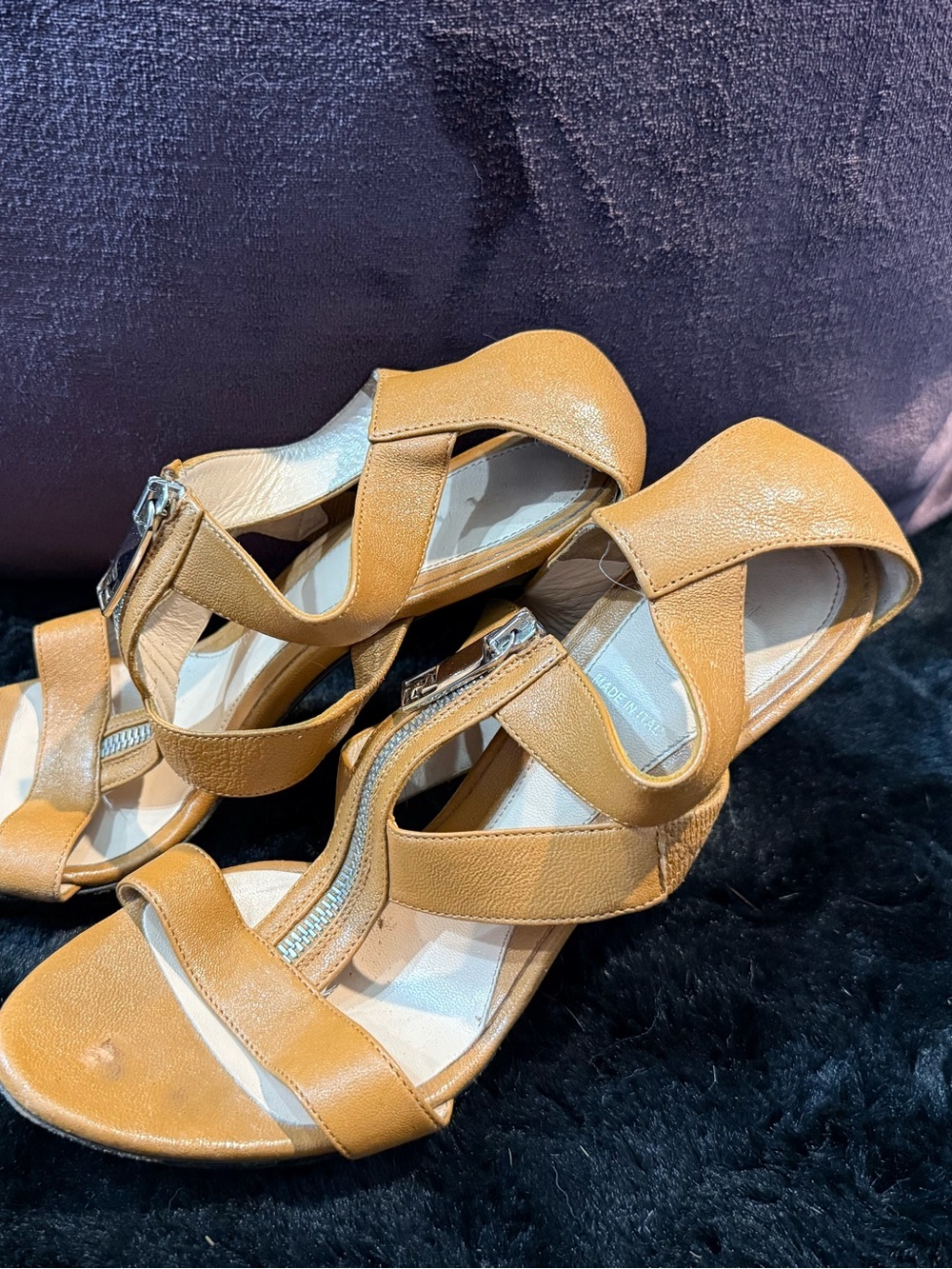 Fendi Tan Leather Strappy Wedge Sandals with Front Zipper
